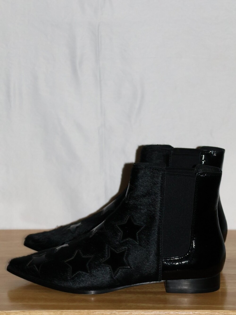 Ash Bliss Calf Hair & Patent Leather Black Chelsea Booties.
